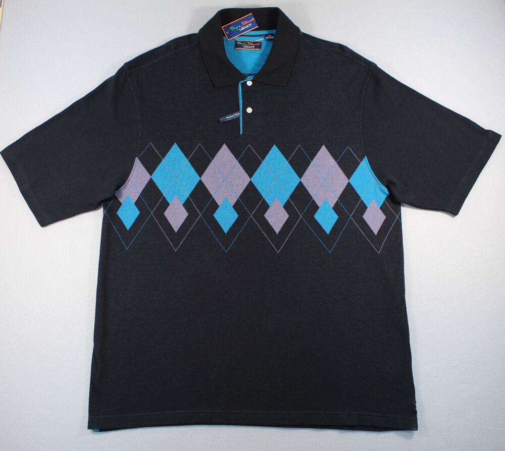Payne Stewart Legacy Polo Shirt Mens XL Black Teal Argyle Golf Cotton Knit